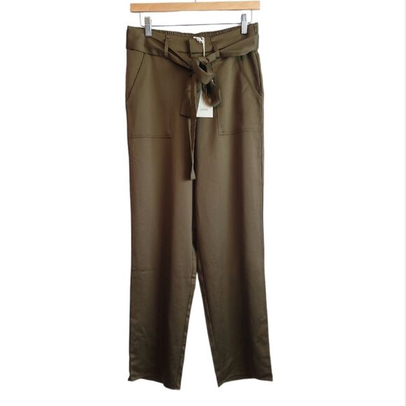 Joie Satin Green Straight Ankle Pants Waist Sash NWT - Picture 2 of 14